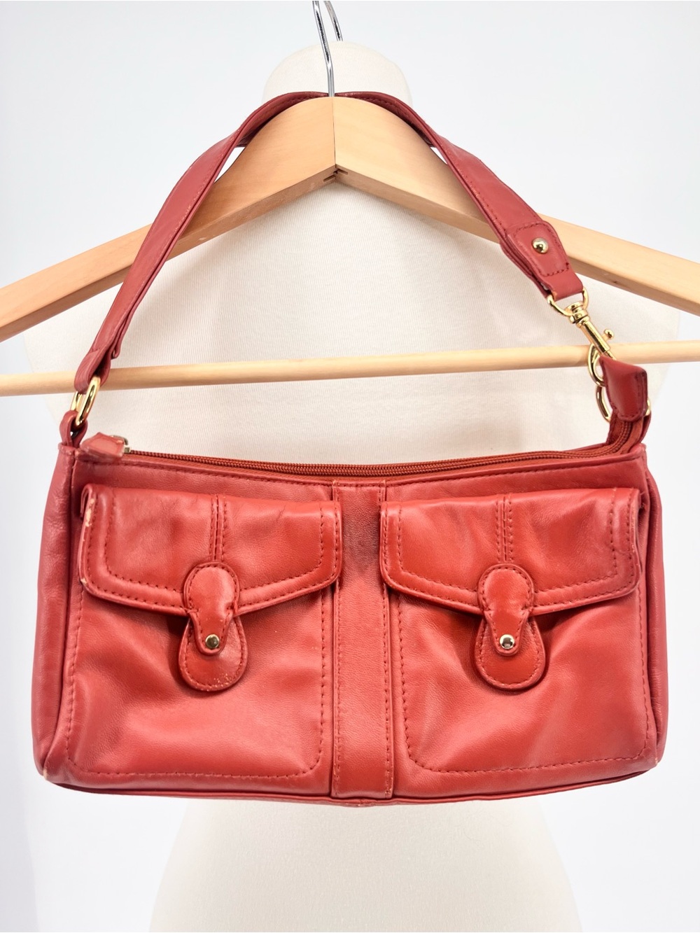Great American Leatherworks Y2K Red Orange Leather Shoulder Bag Baguette Purse